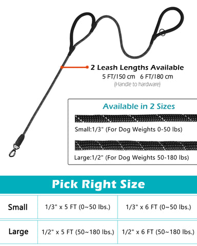 PetBonus Double Handle Rope Dog Leash, 5FT Heavy Duty Training Lead with Lockable Hook and 2 Comfortable Padded Handles, Reflective Walking Nylon Leash for Large Medium Dogs (55-200 lbs)