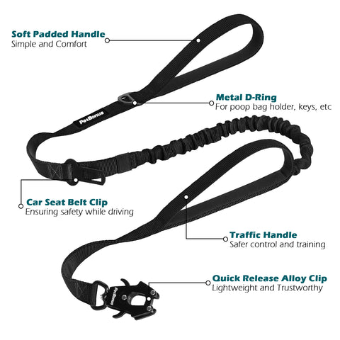PetBonus Heavy Duty Tactical Dog Leash, 5 FT Bungee Shock Absorption Leash with 2 Padded Handles, Quick Release Metal Clip, Car Seatbelt, No Pull Training Lead for Large Medium Dogs Dog Leashes