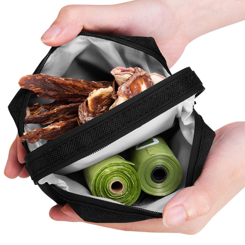 PetBonus Dog Poop Bag Holder, Portable Pet Waste Bag Dispenser, 2 Pouches for Treats and Walking Accessories, Fit All Leashes, Includes 1 Roll of Dog Poop Bags