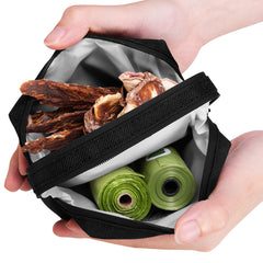 PetBonus Dog Poop Bag Holder, Portable Pet Waste Bag Dispenser, 2 Pouches for Treats and Walking Accessories, Fit All Leashes, Includes 1 Roll of Dog Poop Bags