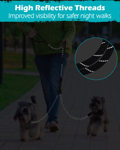 PetBonus Double Dog Leash, Two Dog Leash No Tangle, Reflective Dual leash attachment with Padded Handles, Walking Training Lead for All Breeds Dog Leashes