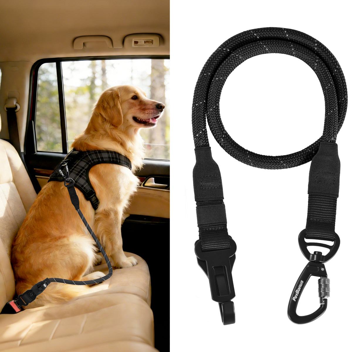PetBonus Dog Seat Belt for Car, Durable Rope Dog Car Harness Seatbelt for Vehicle, Pet Tether Safety Restraint with Heavy Duty Buckle Hook Latch Lockable Clip for Small Medium Large Breeds