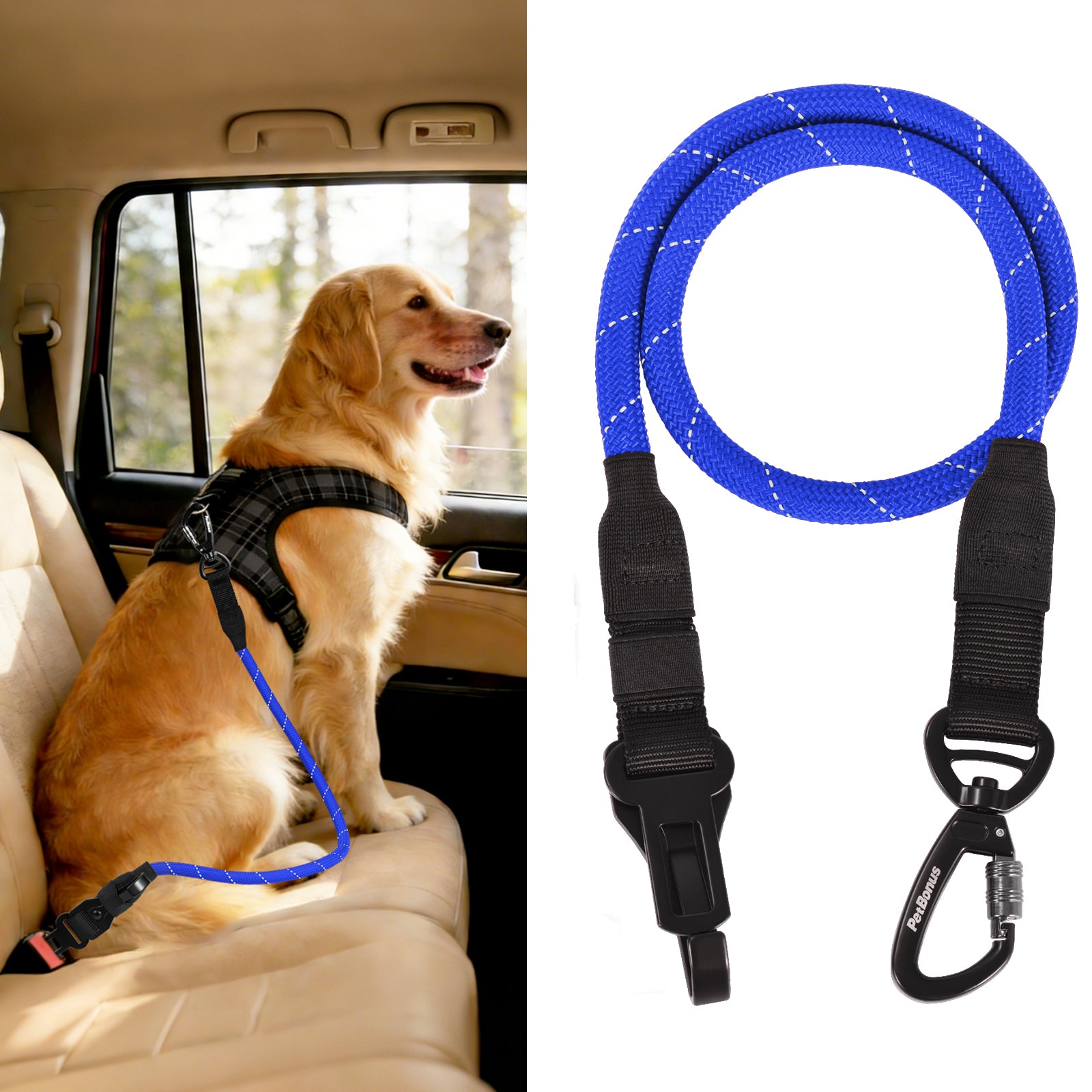 Heavy Duty Dog Seat Belt - 2 Pack With Bungee & Reflective Strips For Medium/Large Breeds