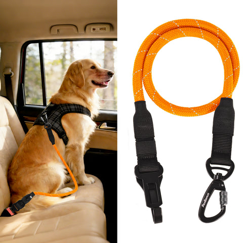 PetBonus Dog Seat Belt for Car, Durable Rope Dog Car Harness Seatbelt for Vehicle, Pet Tether Safety Restraint with Heavy Duty Buckle Hook Latch Lockable Clip for Small Medium Large Breeds