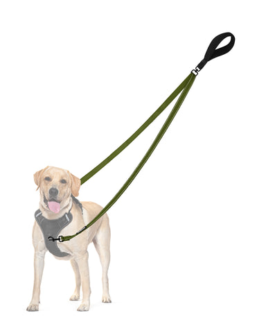 PetBonus Two Point Control Dog Leash, Works with No Pull Harnesses, No Tangle Training Leashes, Soft Padded and Reflective Walking Lead, Converts to Single Lead for Medium Large Dogs Khaki Green Dog Leashes