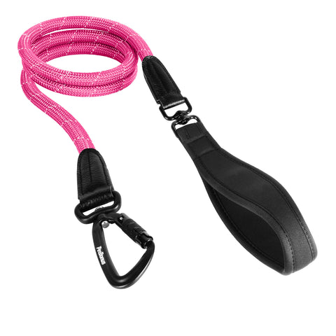 PetBonus Rope Dog Leash, 5 FT Heavy Duty Pet Nylon Leash with Auto Locking Aviation Aluminum Carabiner, Comfortable Padded Handle, Reflective Walking Training Lead for Medium Large Breeds Pink