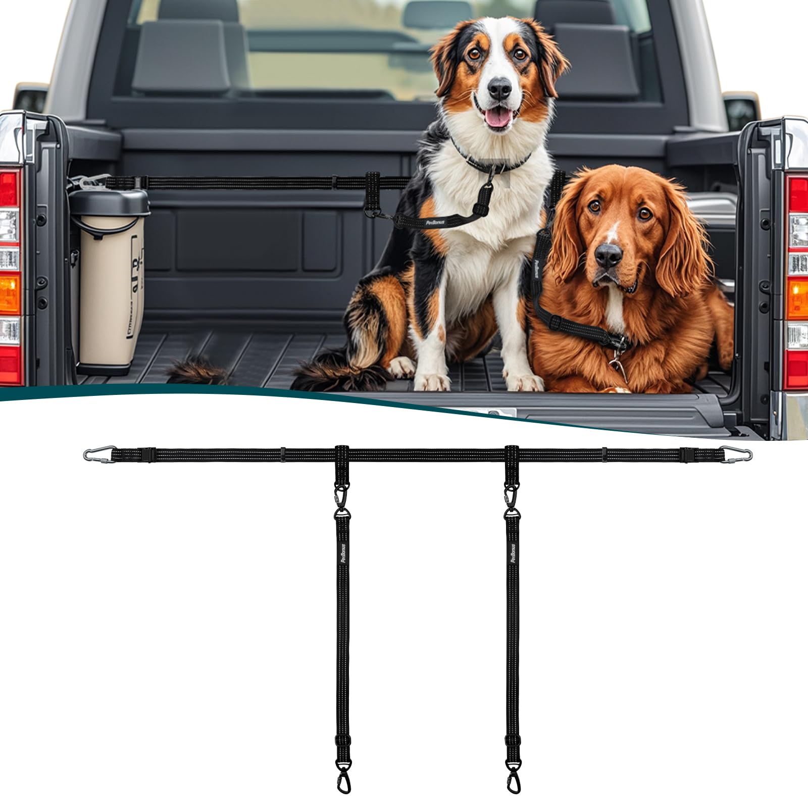 PetBonus Truck Bed Dog Leash, Dog Truck Tether Tie Down, Adjustable Safety Dog Leash for Truck, Comfortable Pick-Up Bed Restraint Lead, Ratchet Tightening Dog Car Harness Belt for Dogs For 2 Dogs Dog Leashes