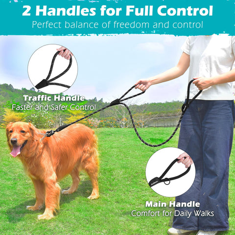 PetBonus Two Handles Dog Leash, 5FT Heavy Duty Pet Rope Leash with Quick Release Metal Clip, Comfortable Durable Traffic Handle, Reflective Training Lead for Medium Large Dogs